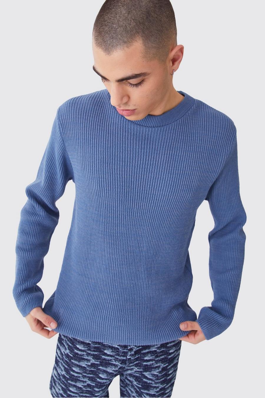 Zweifarbiger gerippter Rundhals-Pullover, Slate blue