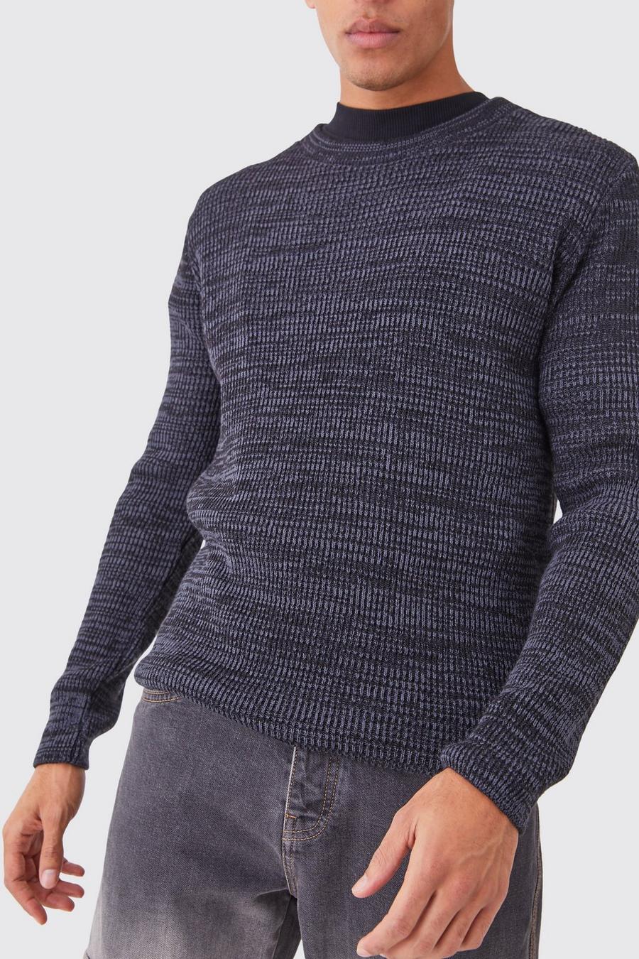 Maglione a girocollo Regular Fit in maglia a coste in due toni, Charcoal image number 1