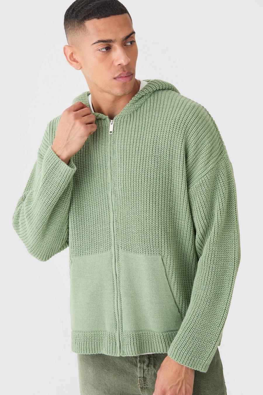 Sage Boxy Ribbed Knitted Zip Through Hoodie