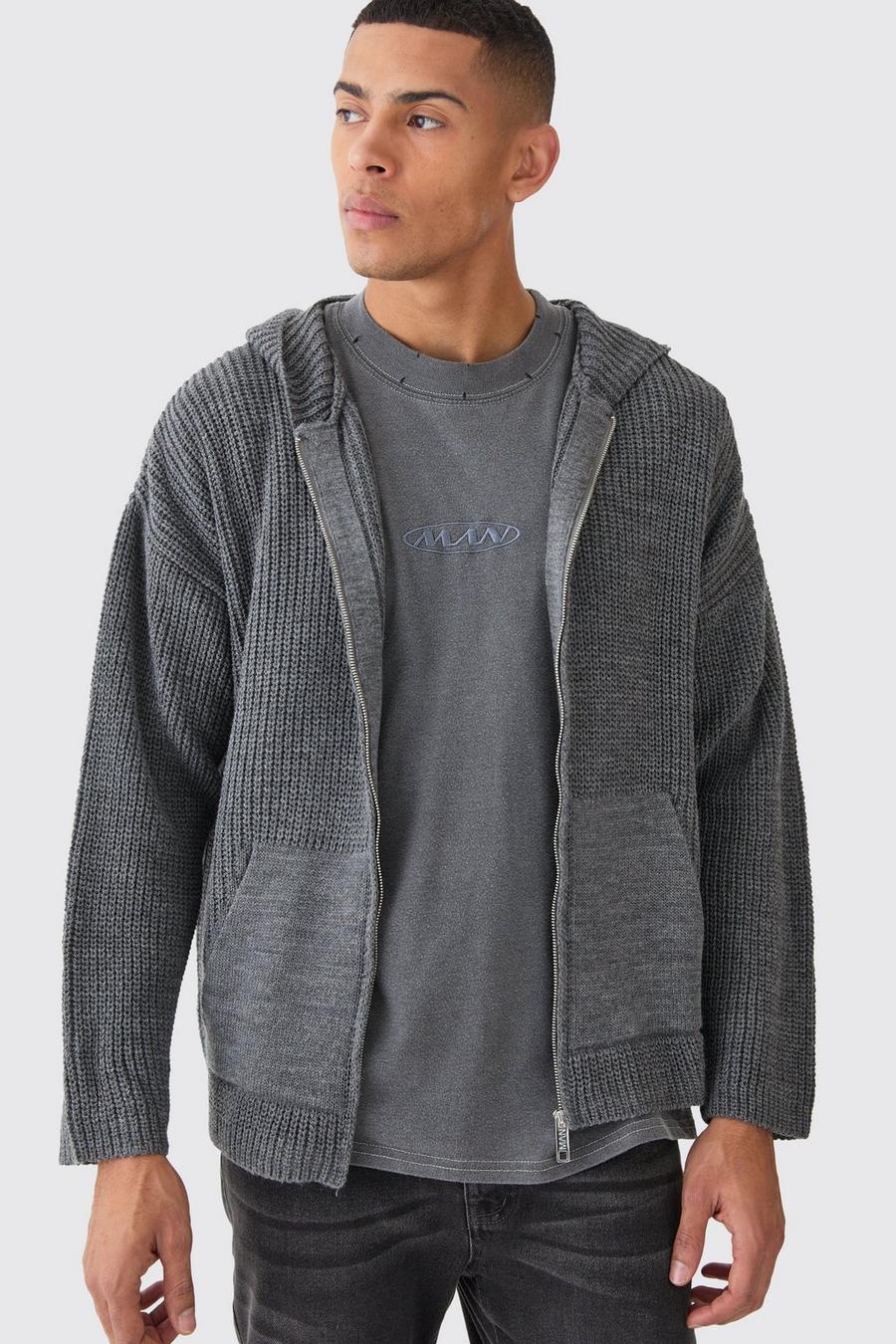 Charcoal Boxy Ribbed Knitted Zip Through Hoodie MEN image number 1