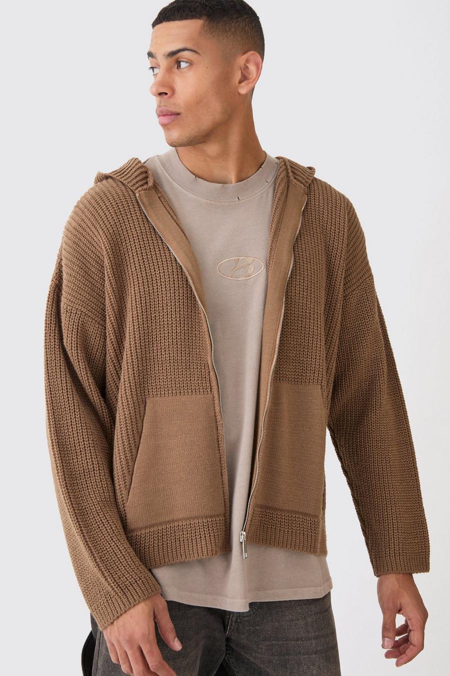 Taupe Boxy Ribbed Knitted Zip Through Hoodie