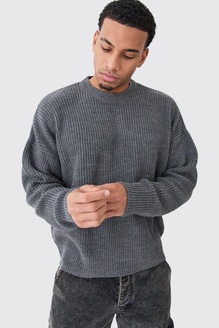 Charcoal Boxy Crew Neck Ribbed Knitted Jumper image number 1