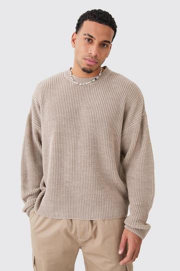 Stone Beige Boxy Crew Neck Ribbed Knitted Sweater