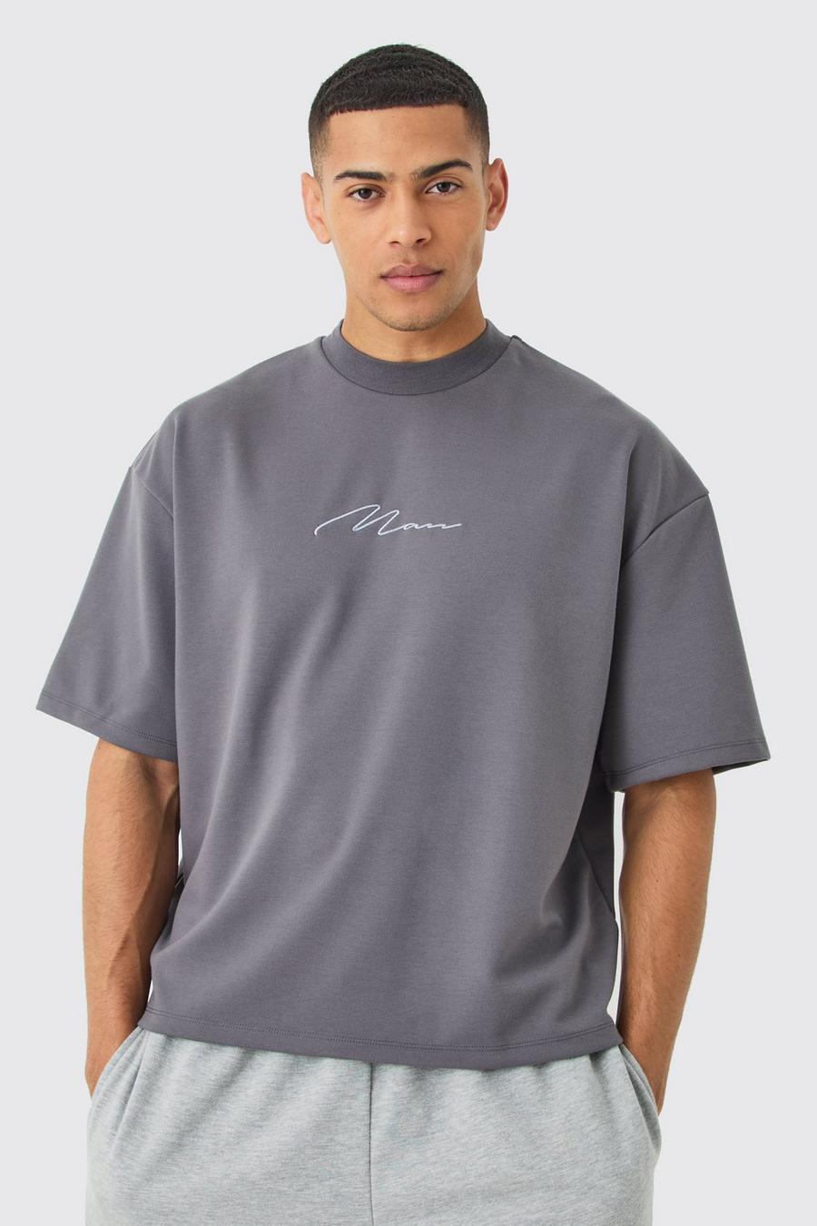 Kastiges Oversize Premium T-Shirt mit Stickerei, Charcoal
