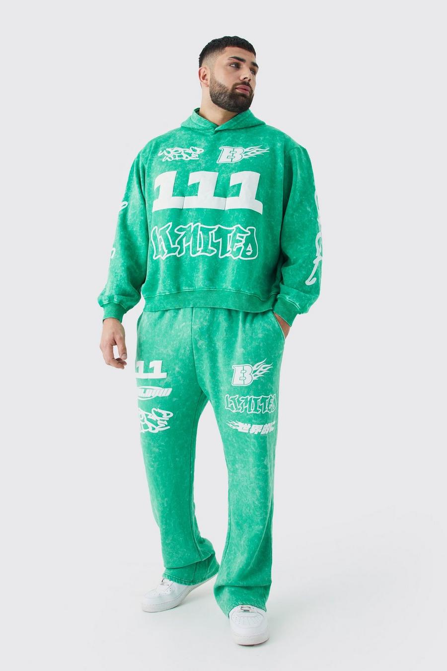 Plus kastiger gerippter Oversize Trainingsanzug mit Print, Green image number 1