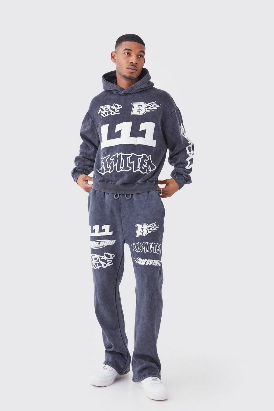 Charcoal Tall Oversized Boxy Ribbed Puff Print Wash Hooded Tracksuit image number 1