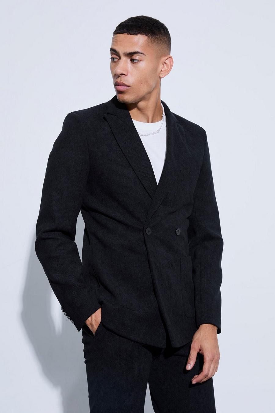 Black Skinny Fit Double Breasted Corduroy Blazer image number 1