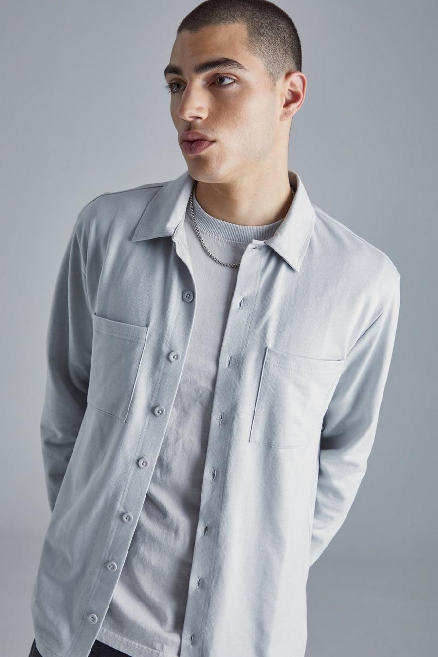 Grey Jersey Knit Utility Button Through Shirt Jacket