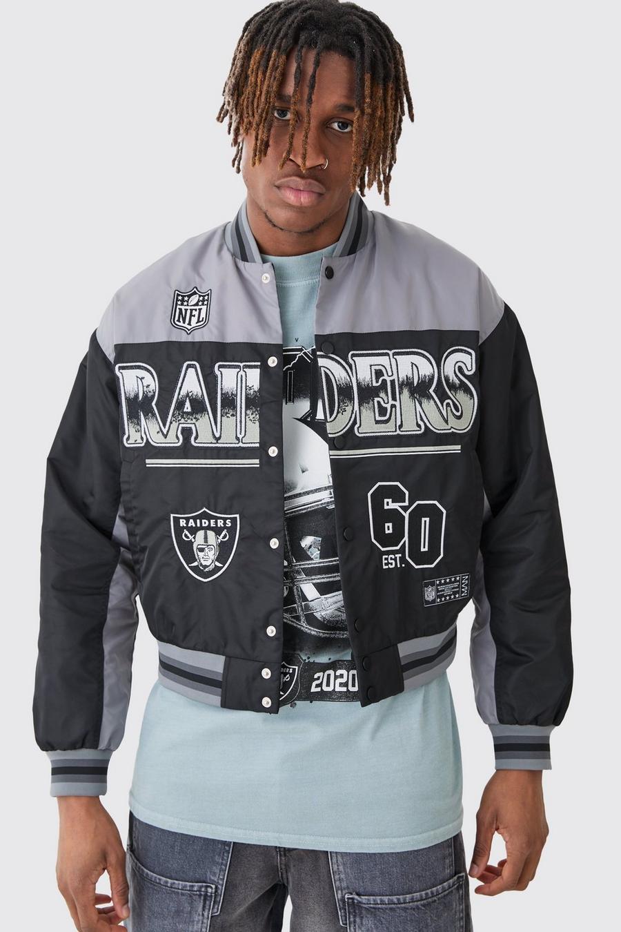 Black Nylon Geborduurd Nfl Boxy Raiders Varsity Jacket