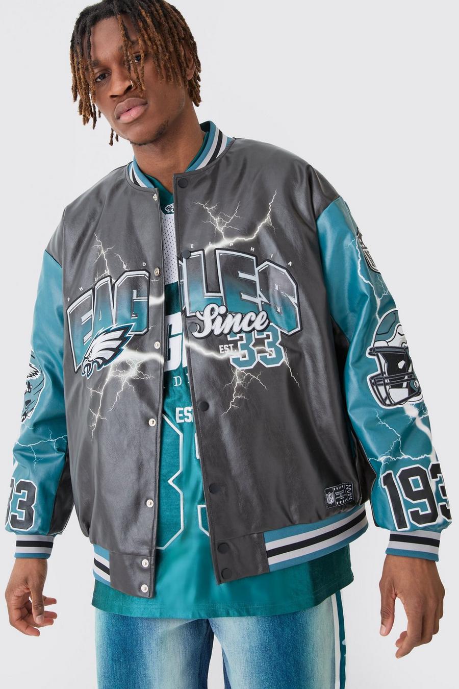 Black Nfl Eagles Oversized Varsity Pu Applique Jacket image number 1
