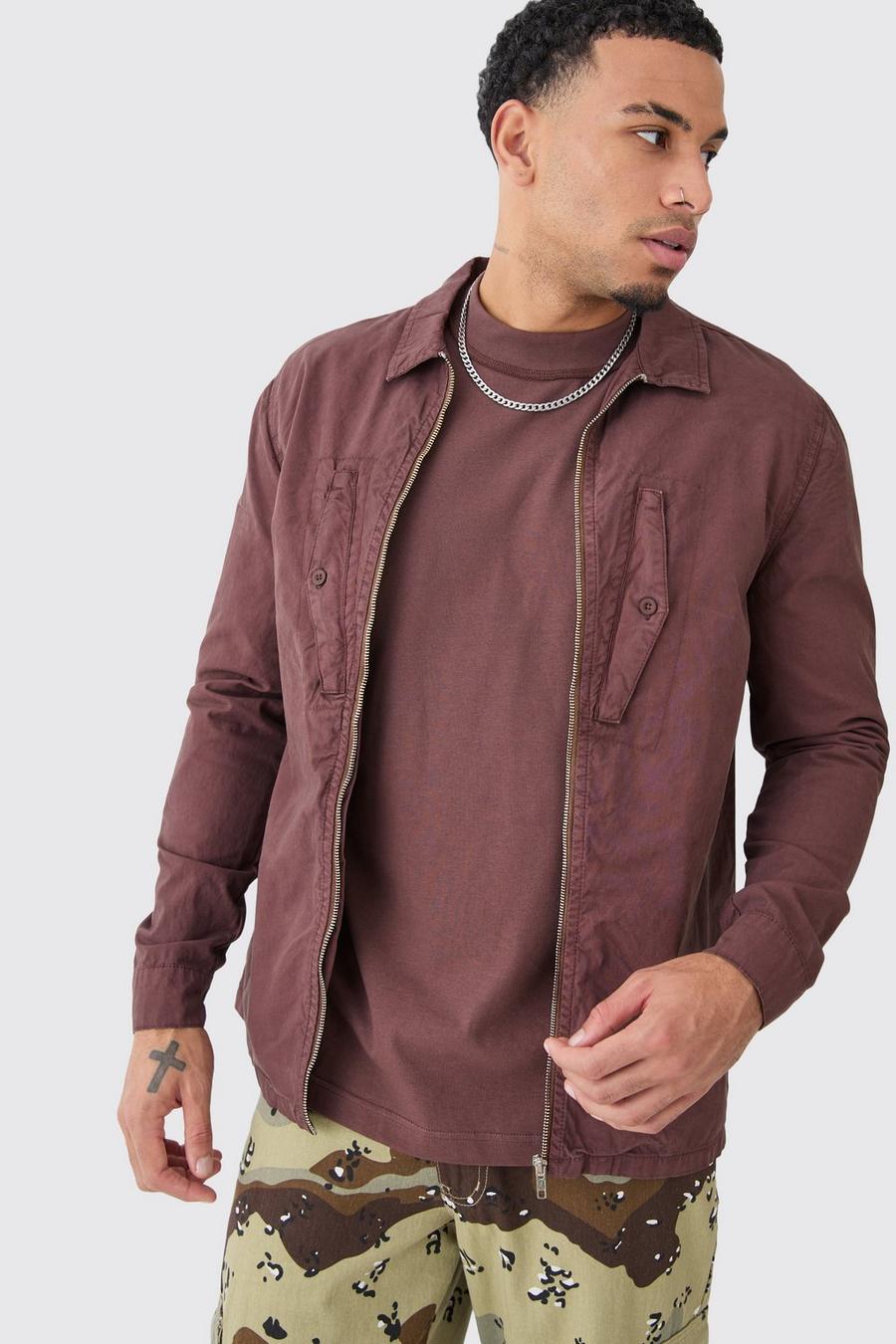 Chocolate Zip Through Washed Long Sleeve Twill Shirt image number 1