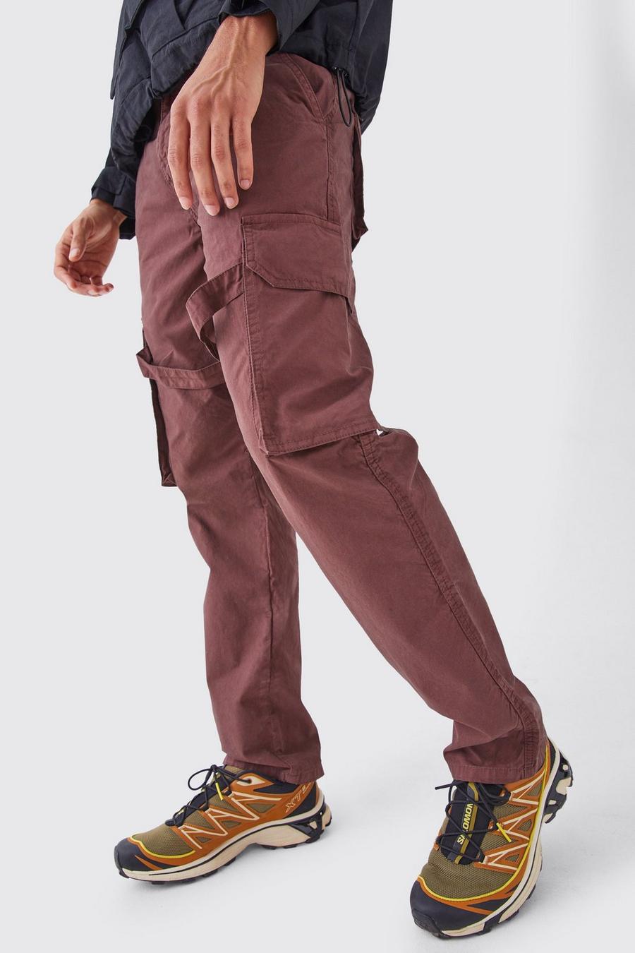 Pantalon cargo droit délavé à taille fixe, Chocolate image number 1