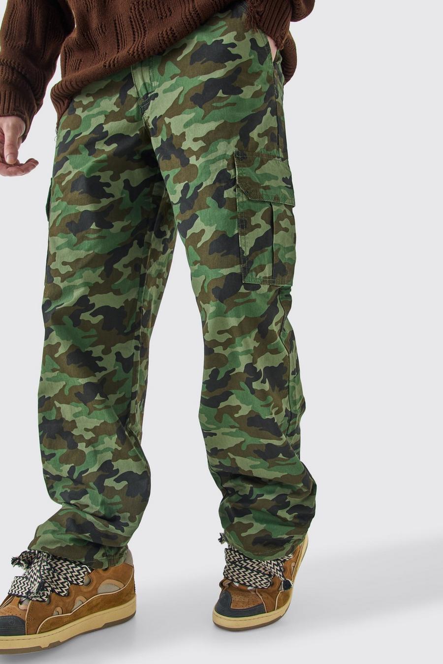 Pantaloni Cargo Tall rilassati in twill in fantasia militare con vita fissa, Multi