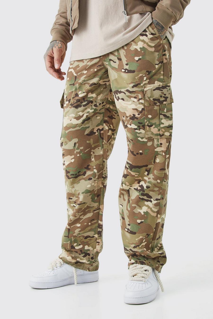Pantaloni Cargo Tall rilassati in twill in fantasia militare con vita fissa, Multi