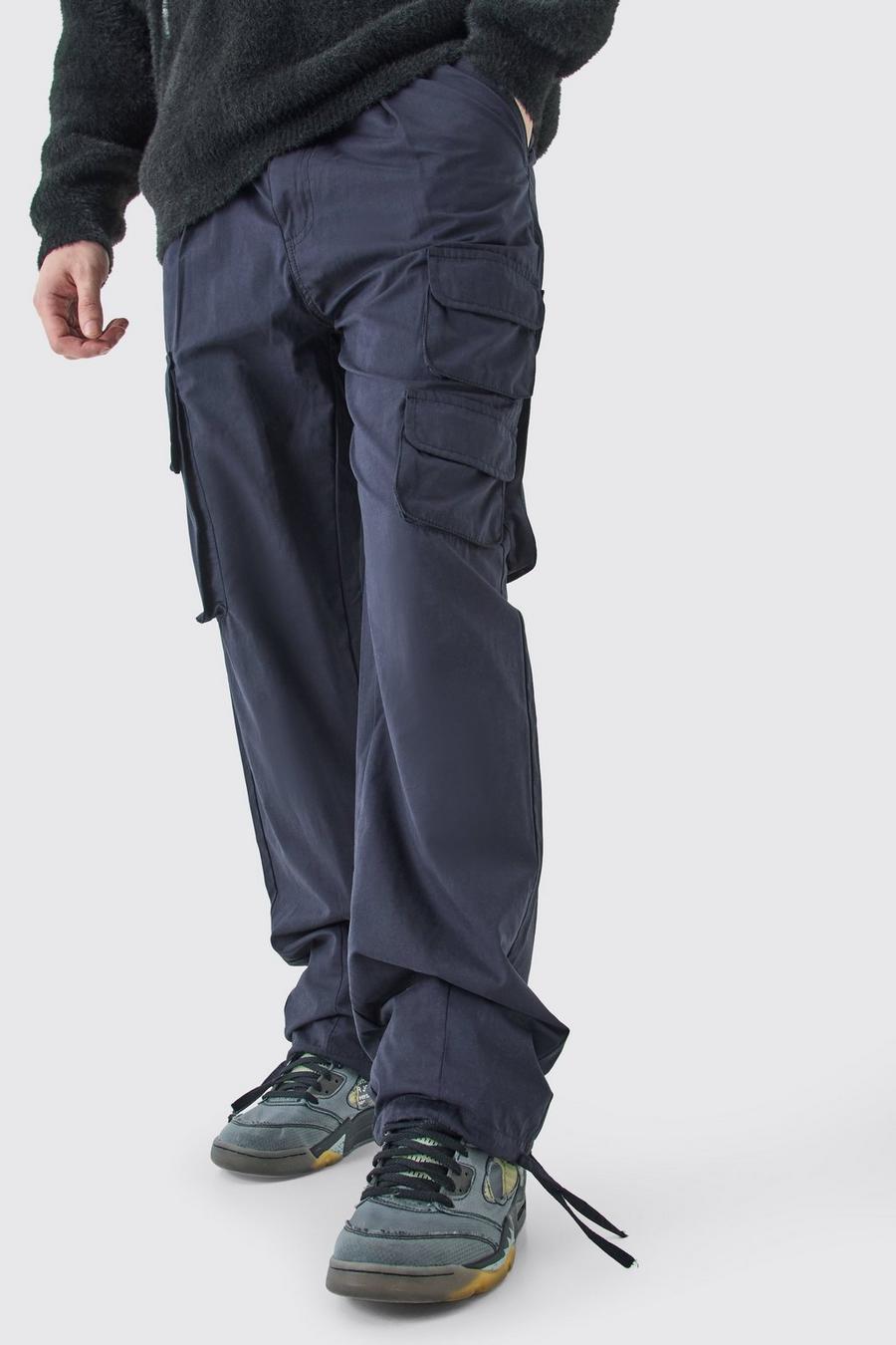 Lange Cargohose mit fester Taille und Bundfalten, Black