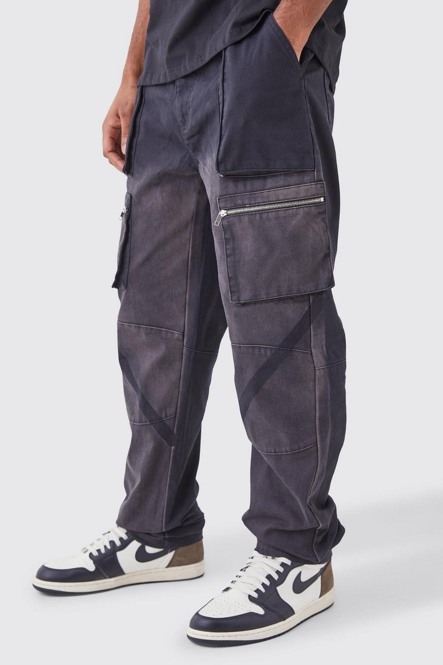 Washed black Tall Fixed Waist Stacked Straight Leg Overdye Cargo Trouser