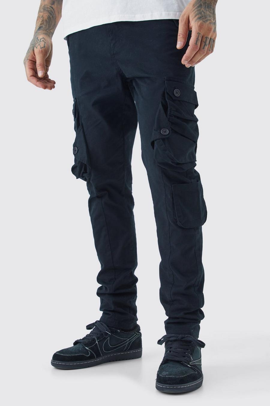 Black Tall Fixed Waist Skinny Stretch Twill Cargo Pants image number 1