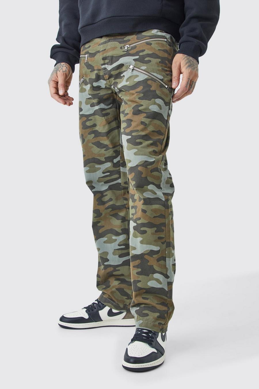 Pantaloni Tall dritti in twill in fantasia militare con inserti, zip e vita fissa, Multi