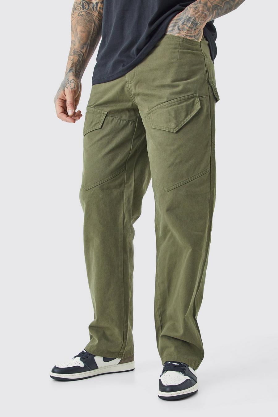 Khaki Tall Fixed Waist Relaxed Asymetric Cargo Twill Pants image number 1