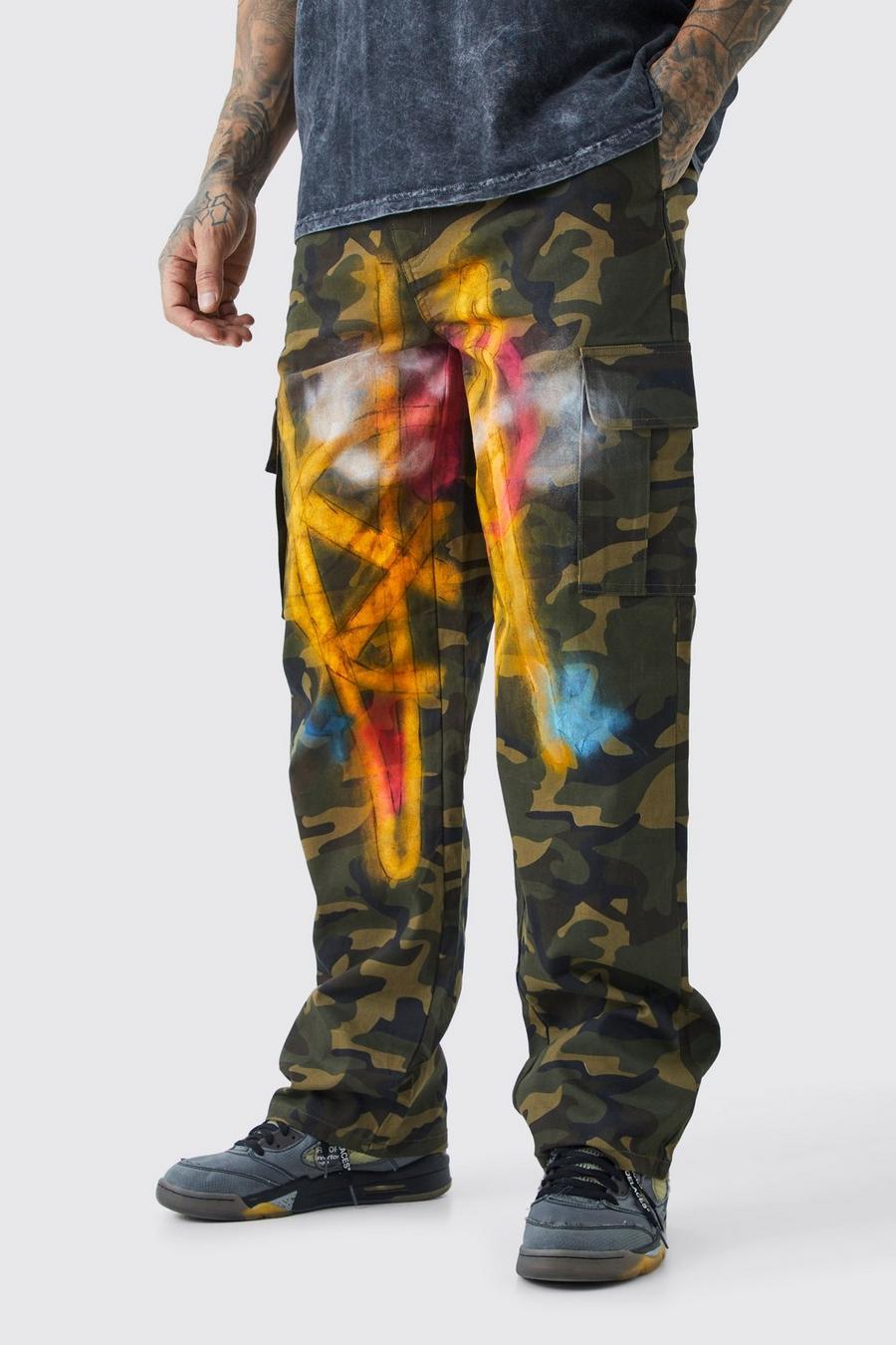 Pantaloni Cargo Tall rilassati in twill in fantasia militare con schizzi di colore e vita fissa, Multi image number 1
