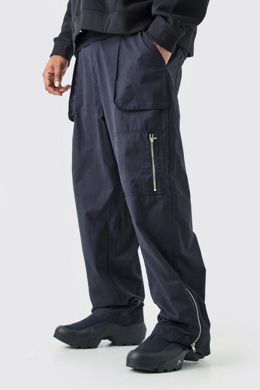 Pantaloni Cargo rilassati Plus Size con vita fissa e fondo vellutato, Black image number 1
