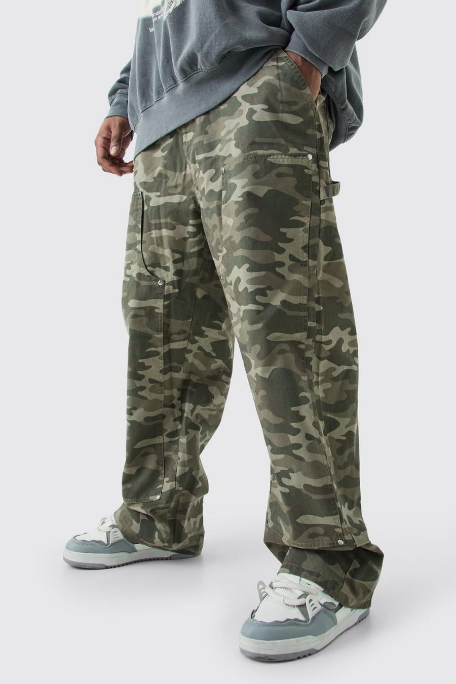 Pantaloni Carpenter rilassati Plus Size in twill in fantasia militare con vita fissa, Multi