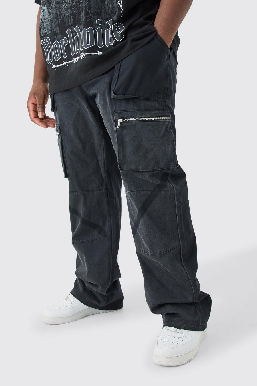 Pantalón Plus cargo sobreteñido recto pernera plisada con cintura fija, Washed black image number 1