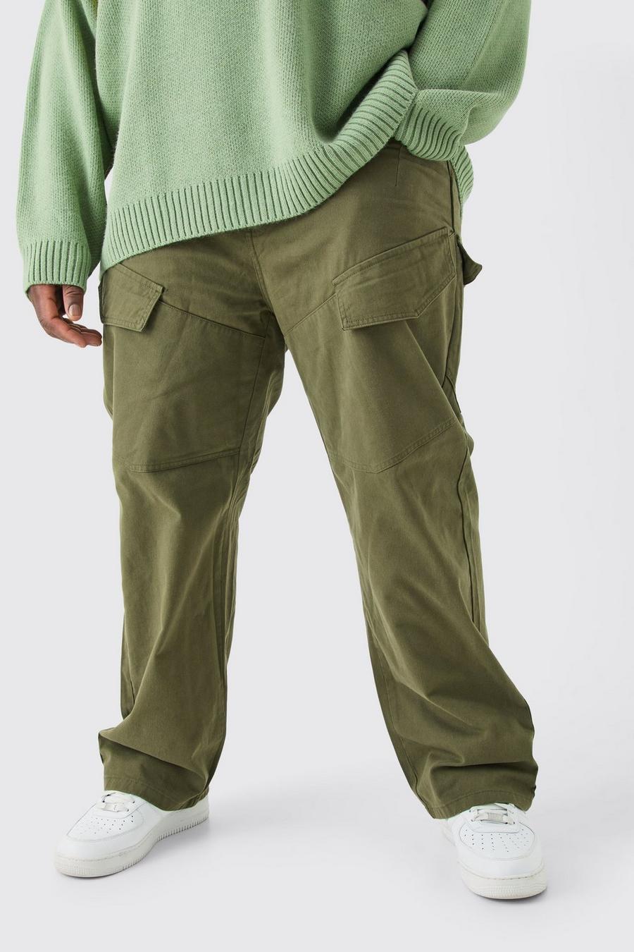 Pantalón Plus de sarga cargo asimétrico holgado con cintura fija, Khaki image number 1