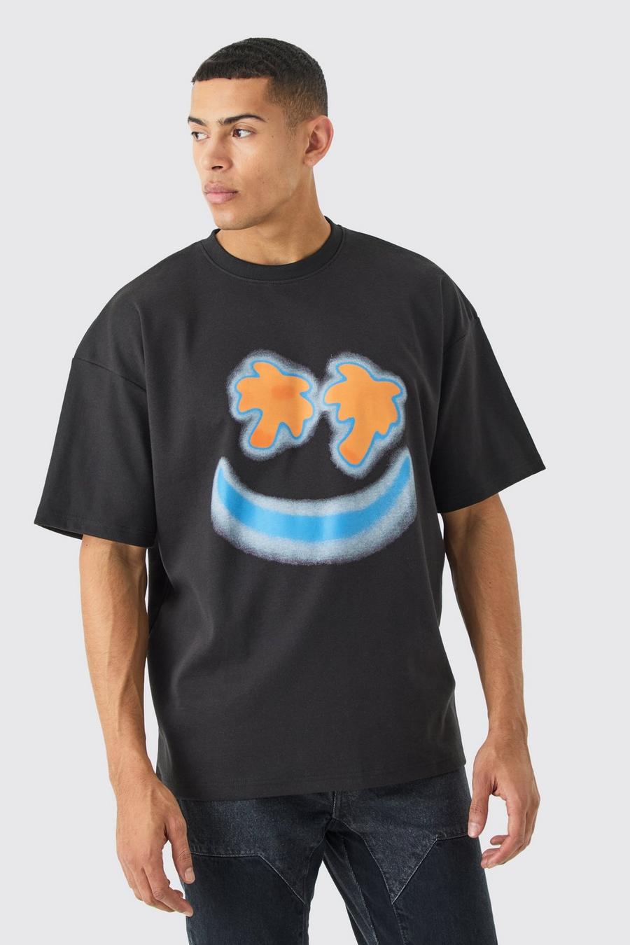 Camiseta oversize con estampado tropical de interlock y estampado de Smiley, Black image number 1