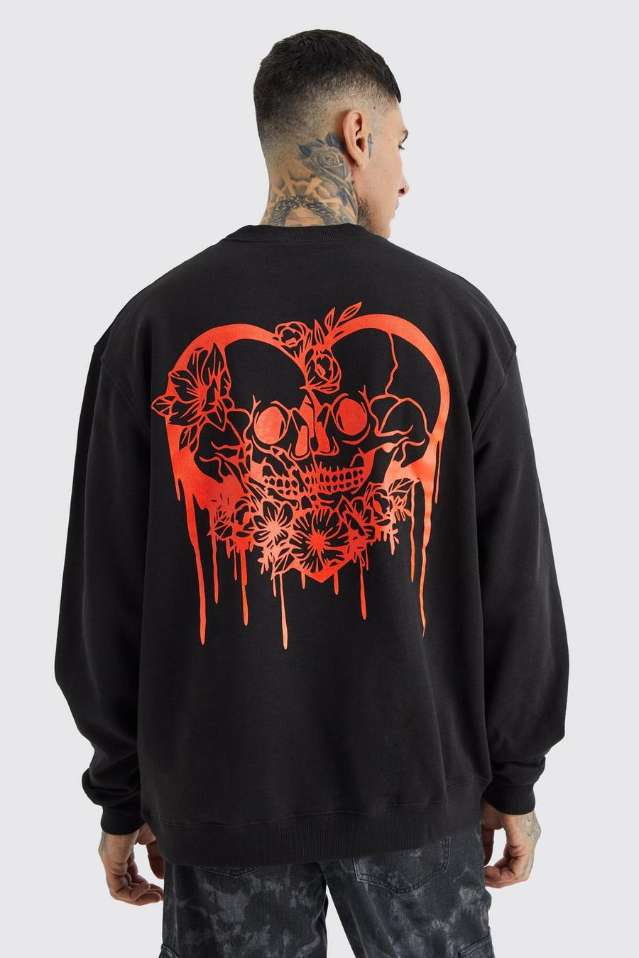Black Tall Oversized Skull Heart Graphic Extended Neck Sweatshirt image number 1
