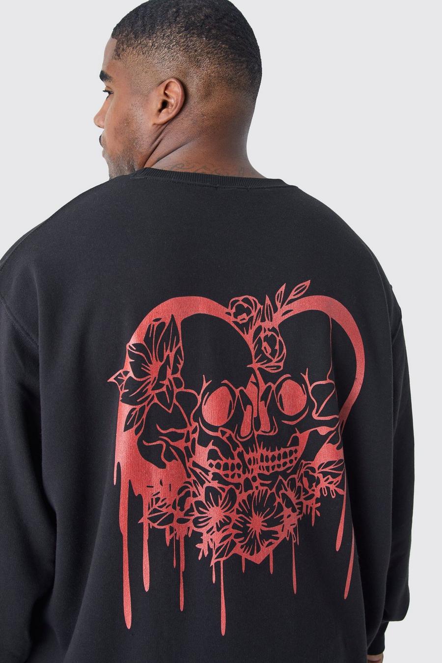 Black Plus Oversized Skull Heart Graphic Sweatshirt