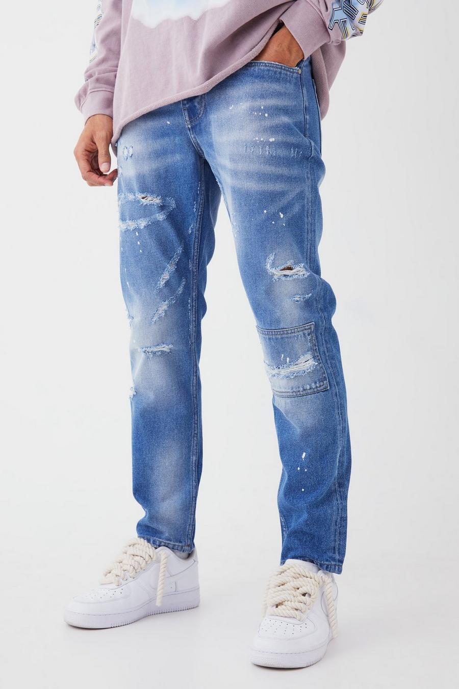 Jeans Slim Fit in denim rigido con strappi sul ginocchio e dettagli dipinti all over, Light blue