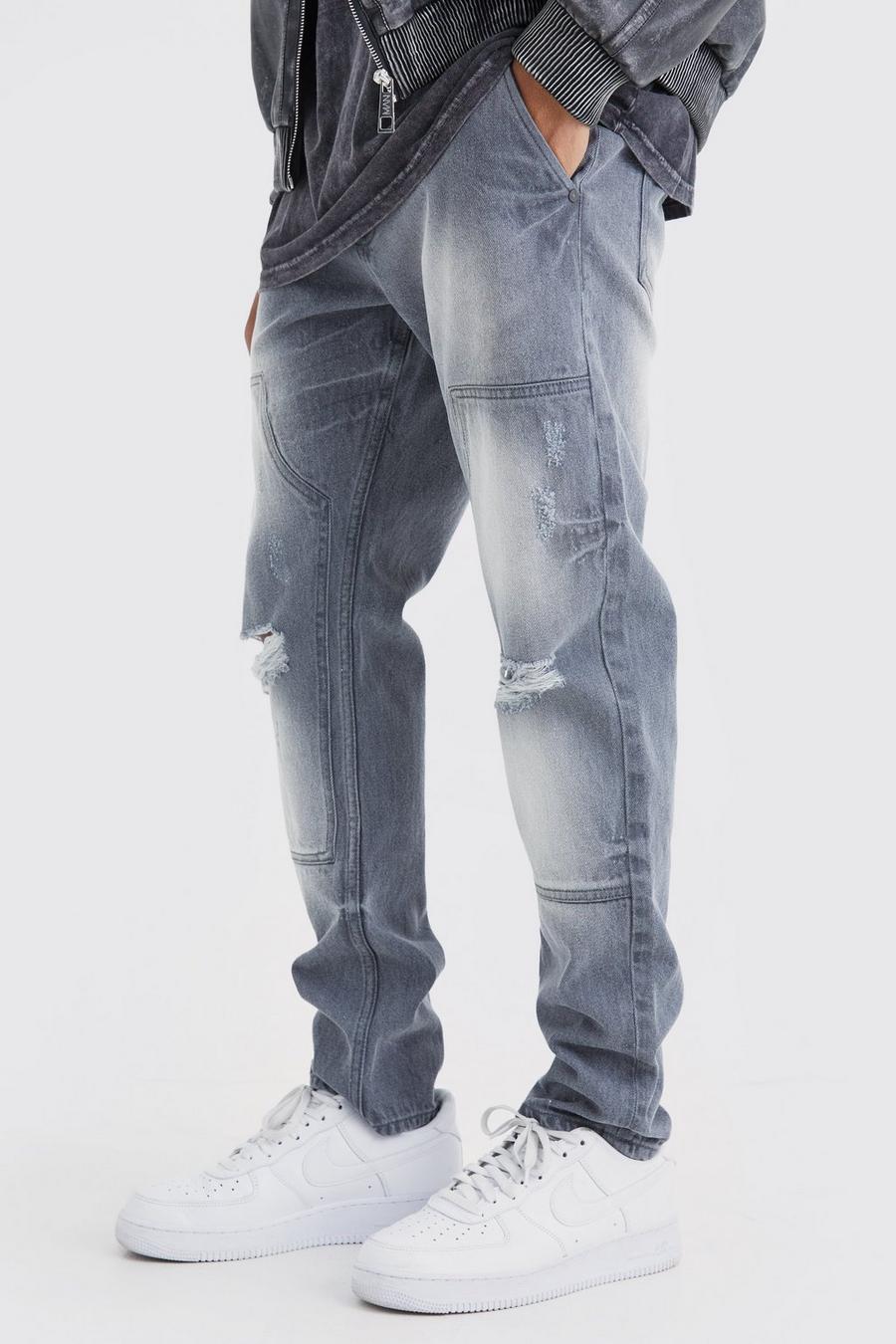Jeans Slim Fit in denim rigido stile Carpenter con strappi, Light grey