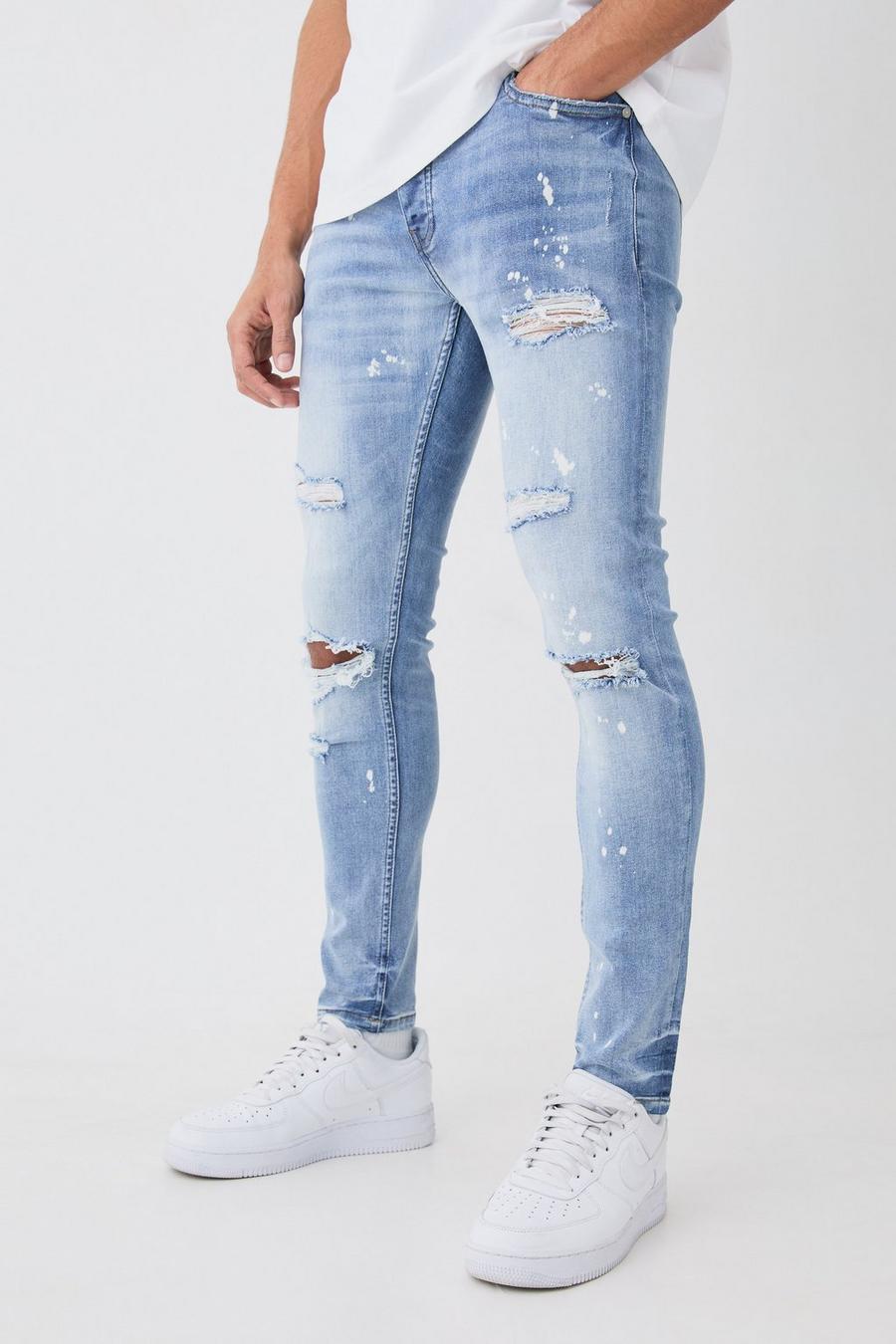 Ice blue Skinny Stretch Paint Splatter Ripped Jeans image number 1