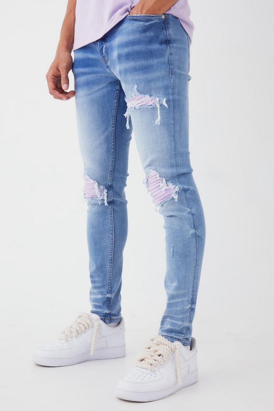Jeans da Biker Skinny Fit Stretch in PU lilla con strappi & rattoppi, Light blue image number 1