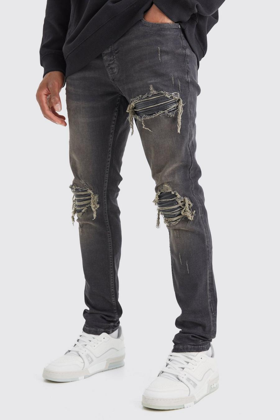 Charcoal Zwarte PU Stretch Rip &amp; Repair Biker Jeans