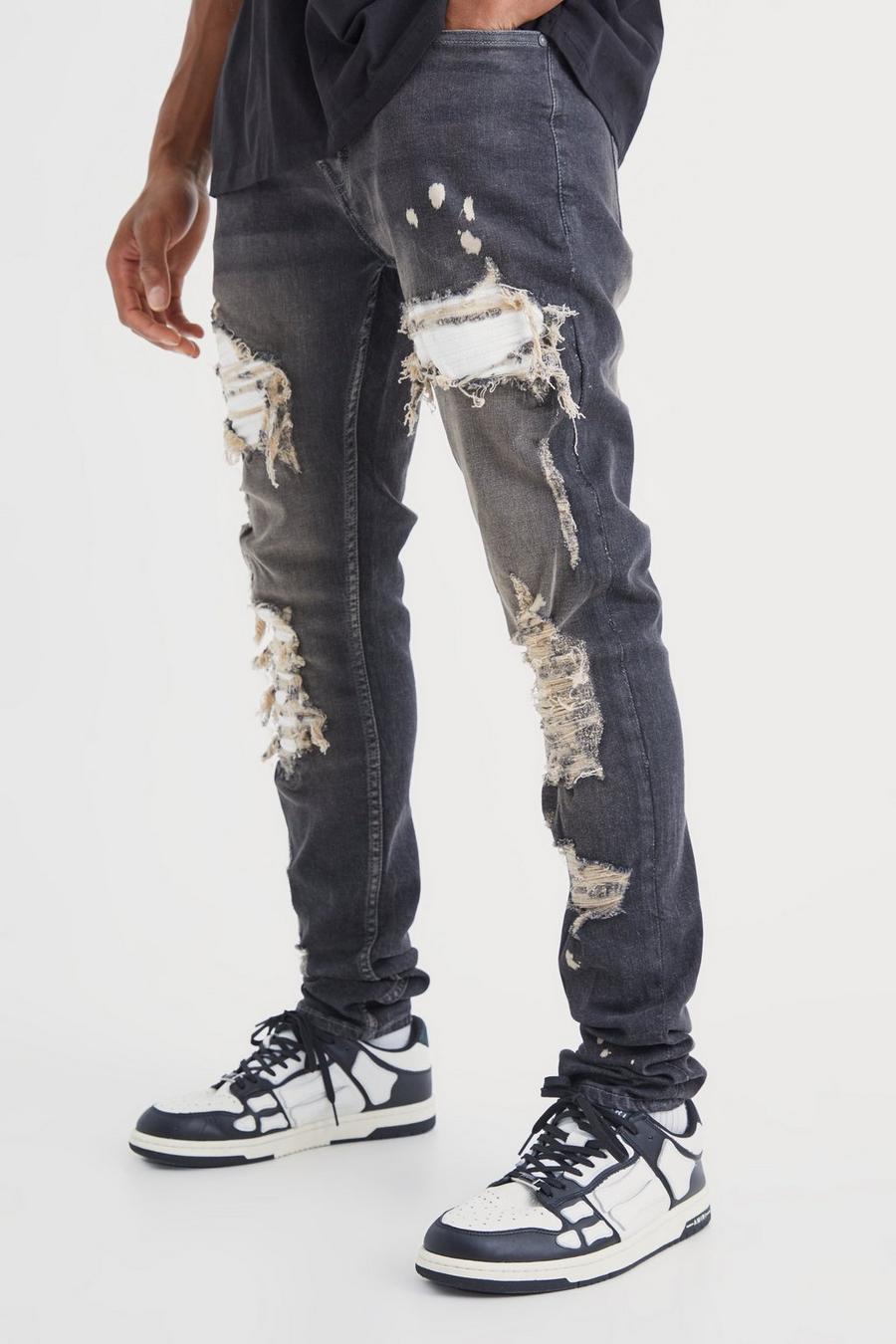 Jeans stile Biker Skinny Fit Stretch bianchi in PU con pieghe sul fondo e strappi & rattoppi, Grey image number 1
