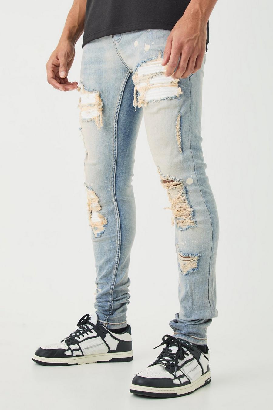 Jeans stile Biker Skinny Fit Stretch bianchi in PU con pieghe sul fondo e strappi & rattoppi, Antique blue