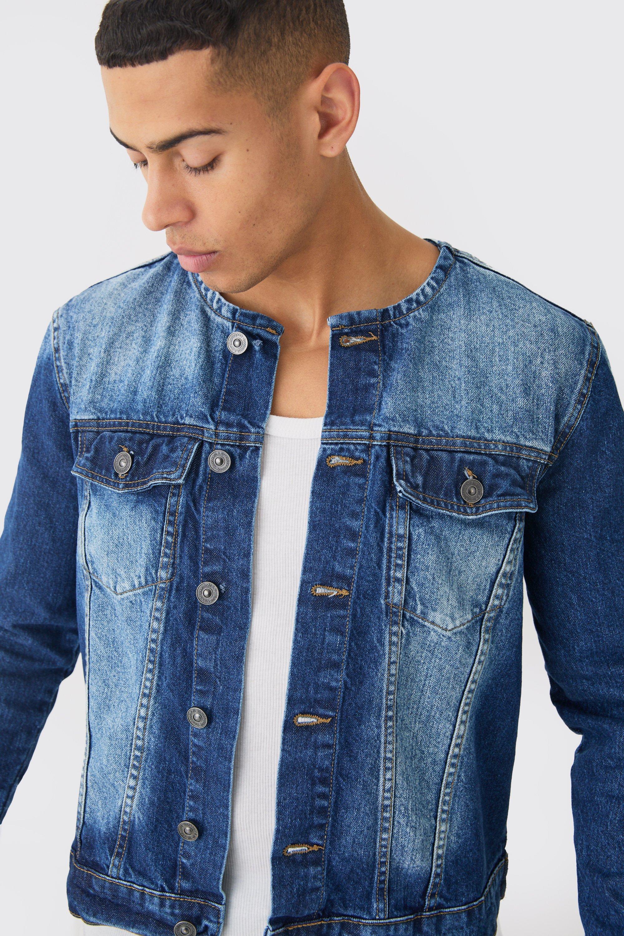 Collarless denim jacket hotsell