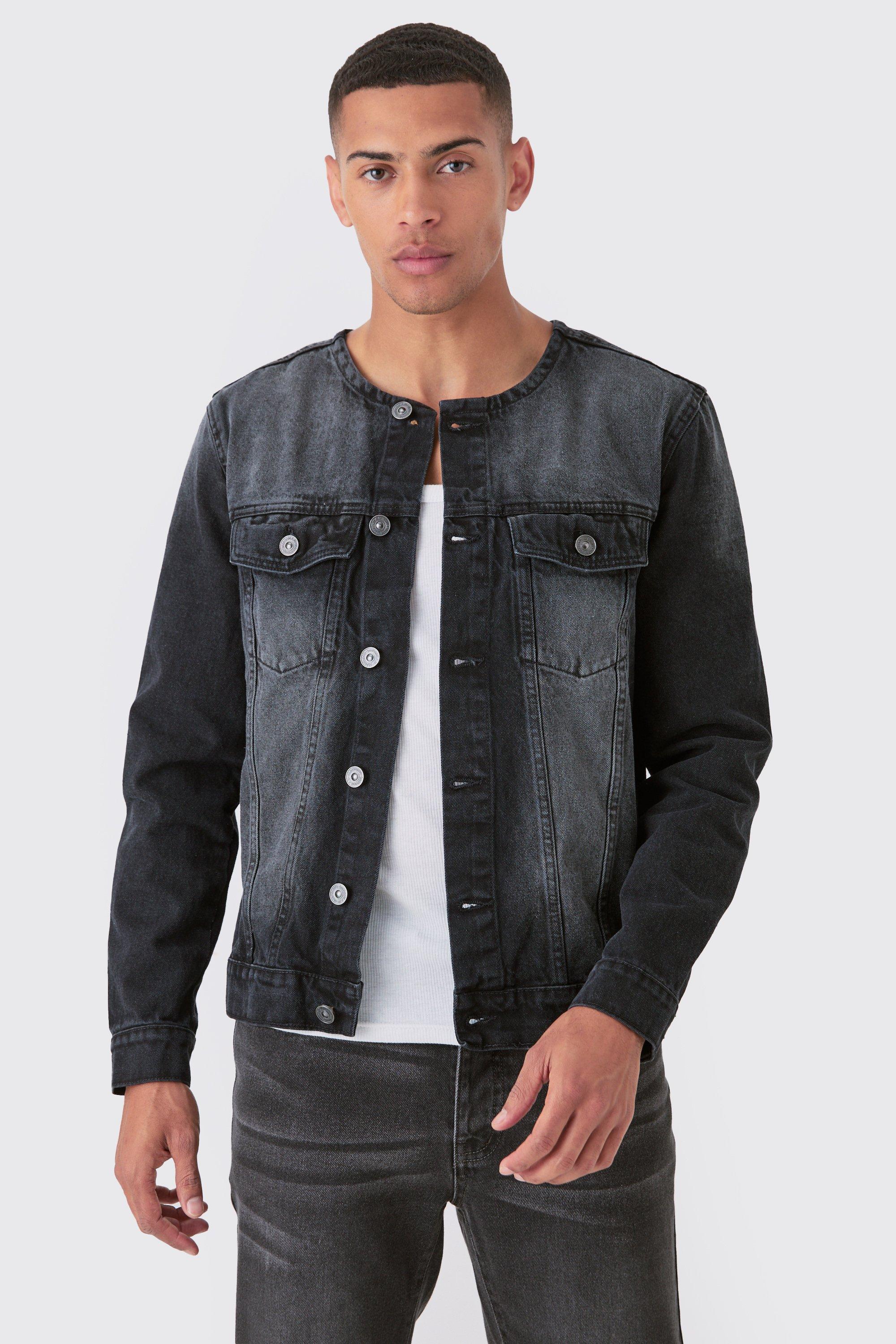 Veste sans col en jean délavé