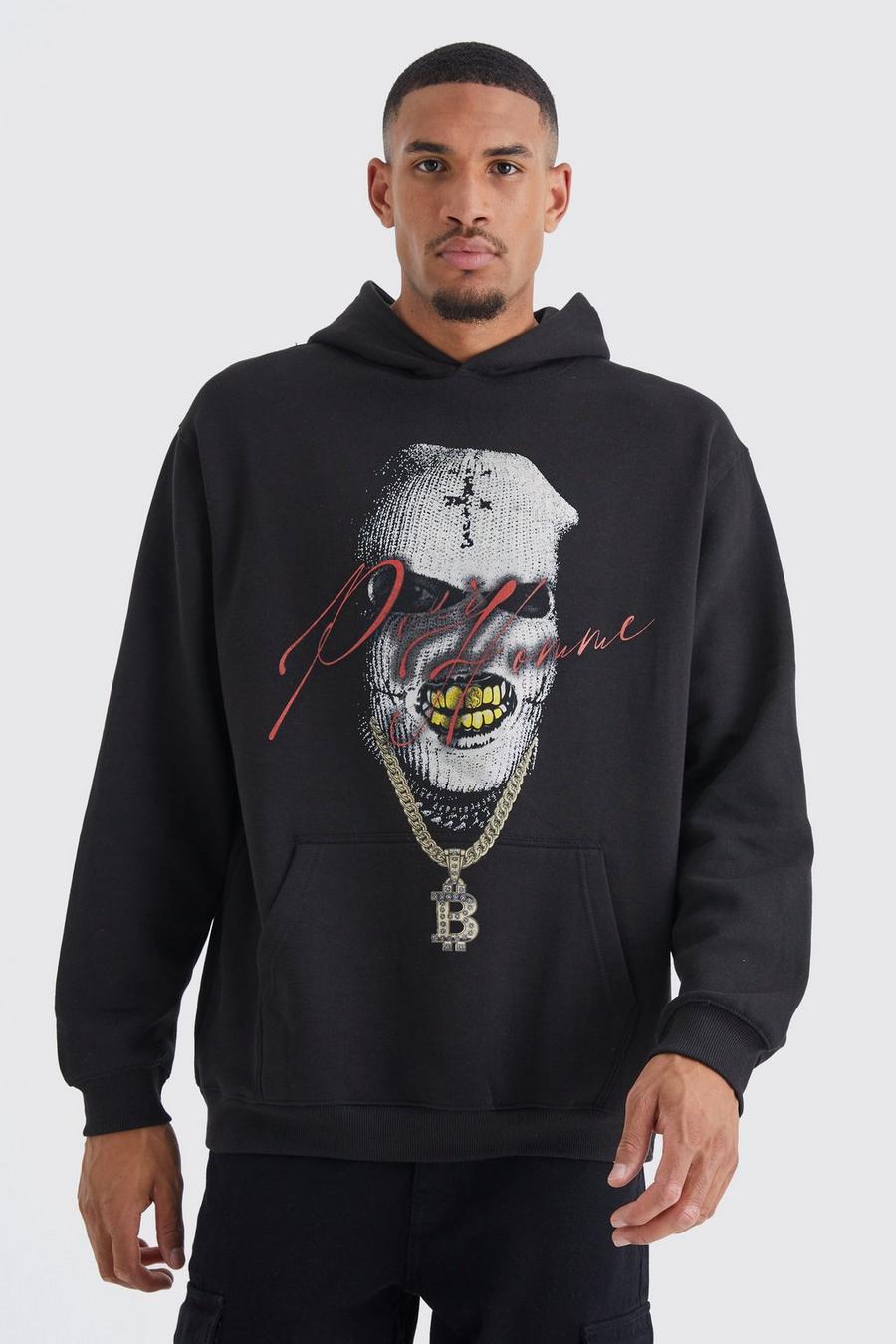 Black Tall Oversized Mask Graphic Hoodie image number 1