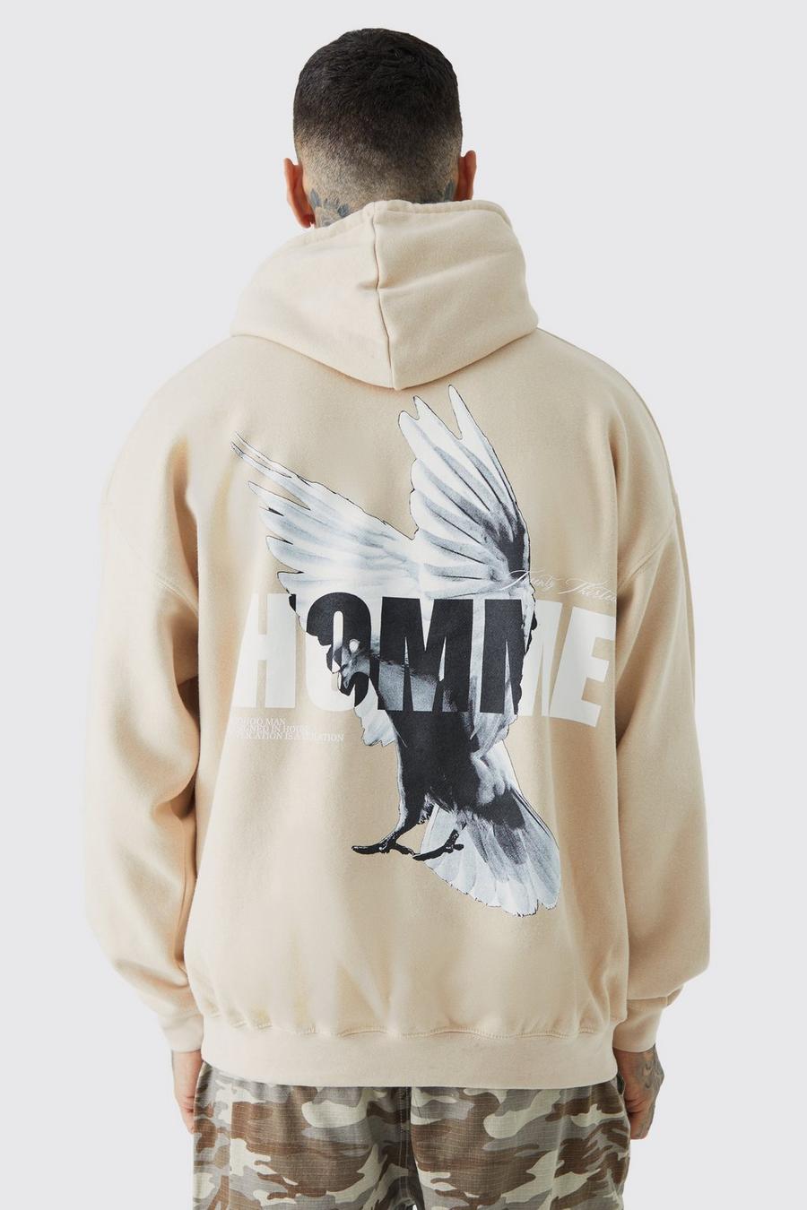 Sand Tall Oversized Homme Dove Back Print Graphic Hoodie image number 1