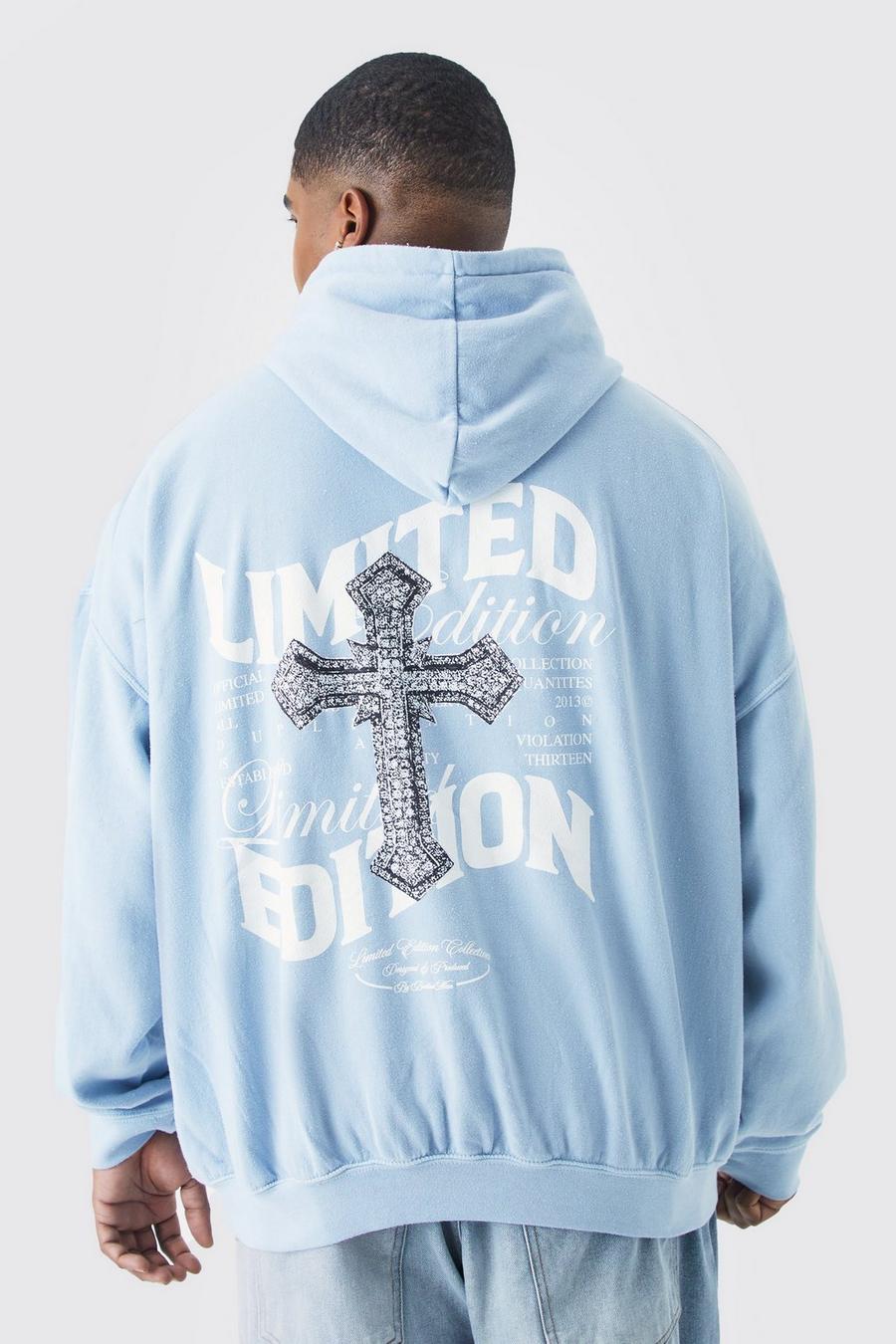 Light blue Plus Core Fit Overdyed Cross Graphic Hoodie image number 1