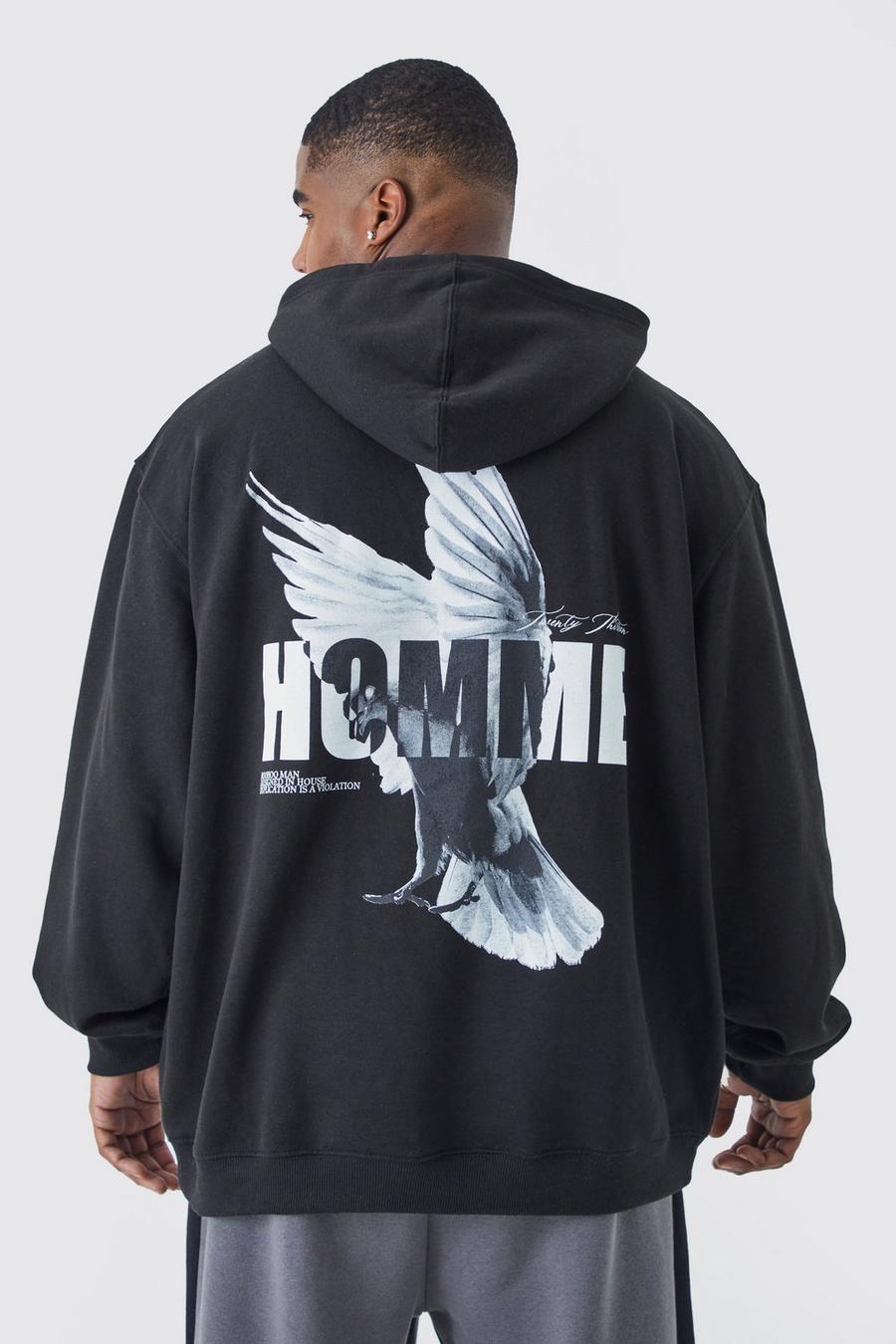 Black Plus Oversized Homme Dove Back Print Graphic Hoodie image number 1