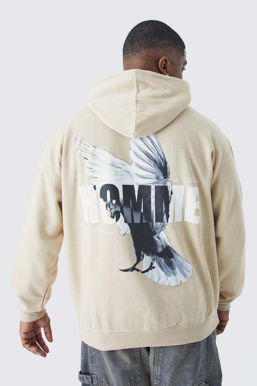 Sand Plus Oversized Homme Dove Back Print Graphic Hoodie image number 1