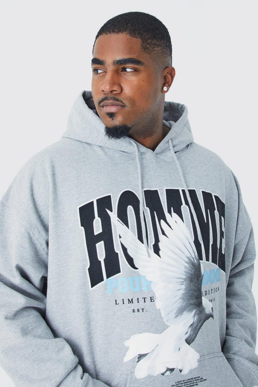 Grey marl Plus Homme Oversized hoodie med grafiskt tryck