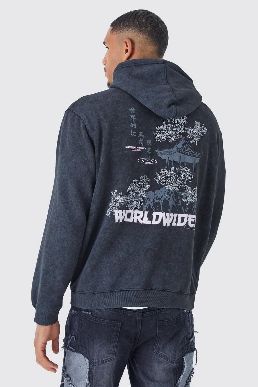 Black Tall Oversized  Acid Wash Graphic Hoodie image number 1