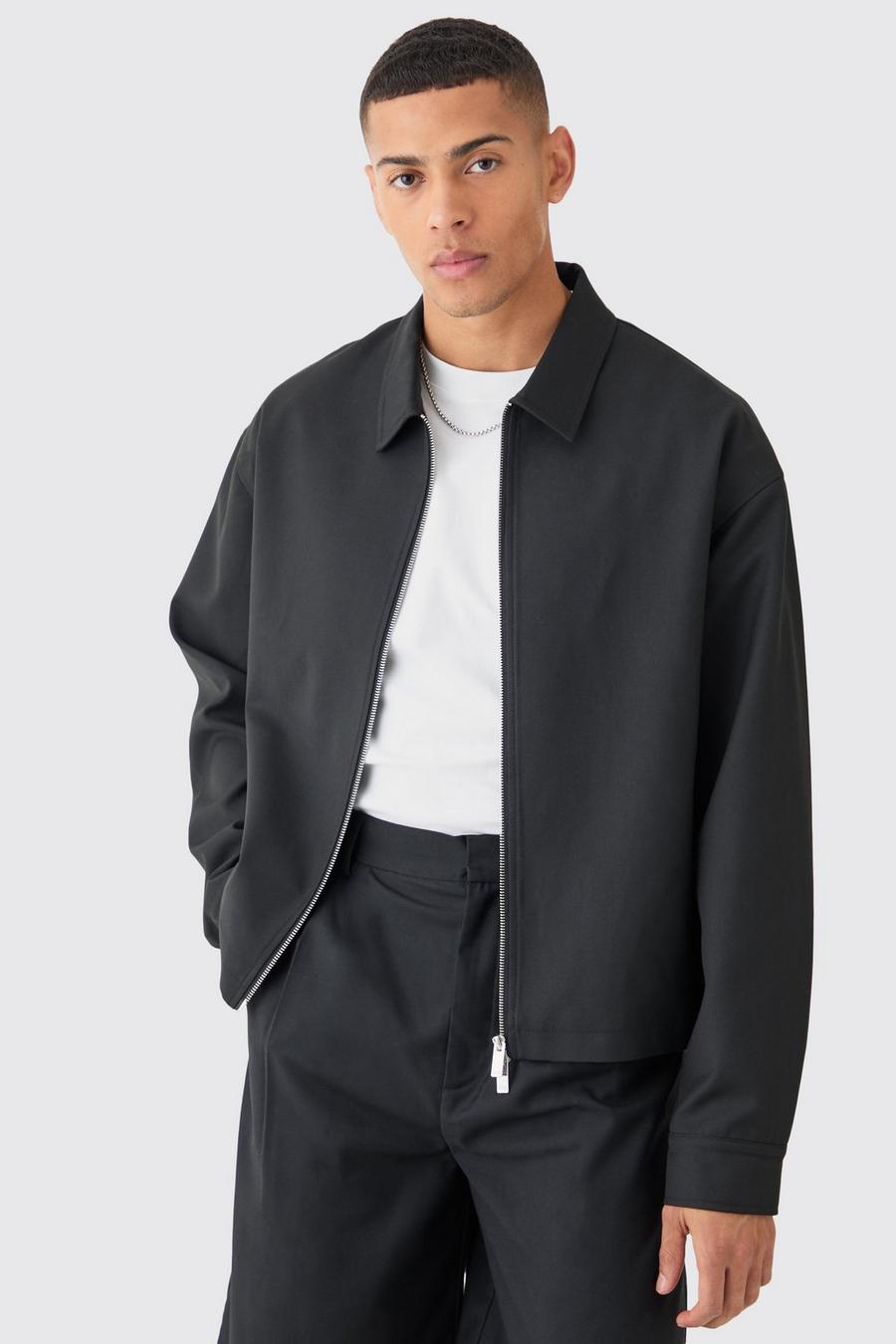Black Tailored Zip Up Boxy Fit Harrington Jacket image number 1