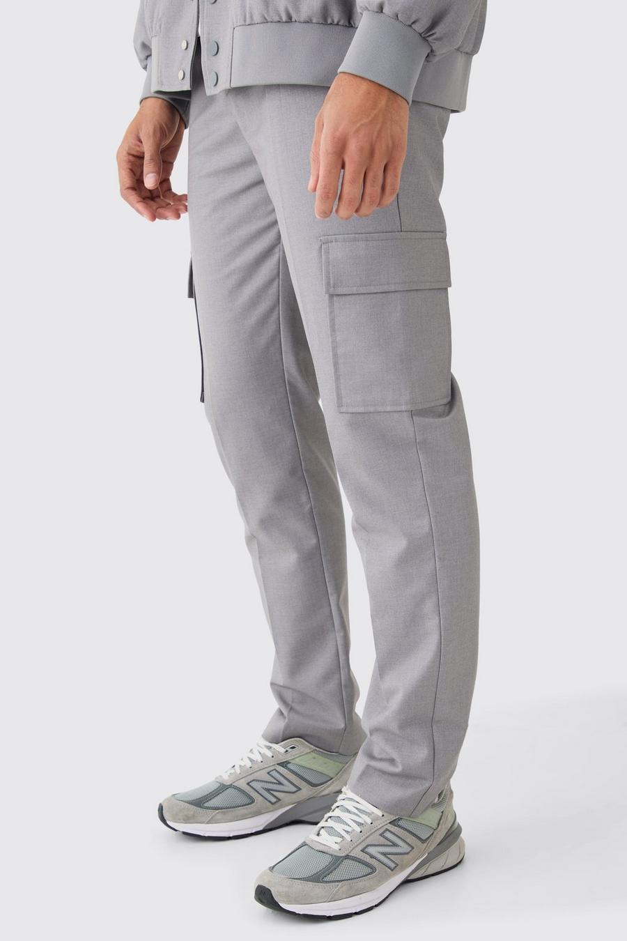Grey Tailored Straight Fit Cargo Trousers