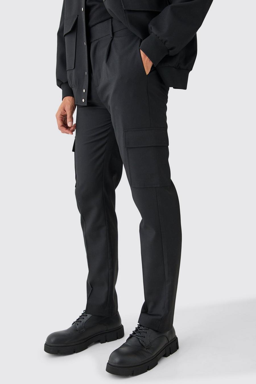Black Tailored Straight Fit Cargo Trousers image number 1